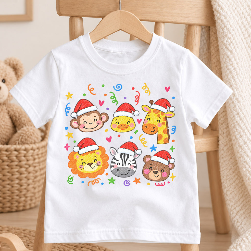 Christmas Safari Animals Kids Shirt, Cute Zoo Animal Holiday Tee, Santa Hat Animal T Shirt, Xmas Gift for Kids — product view 4
