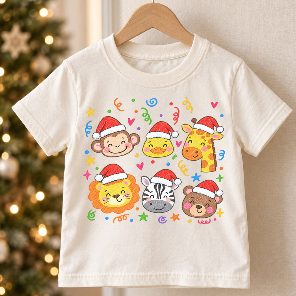 Christmas Safari Animals Kids Shirt, Cute Zoo Animal Holiday Tee, Santa Hat Animal T Shirt, Xmas Gift for Kids — product view 5