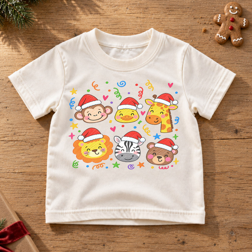 Christmas Safari Animals Kids Shirt, Cute Zoo Animal Holiday Tee, Santa Hat Animal T Shirt, Xmas Gift for Kids — product view 6