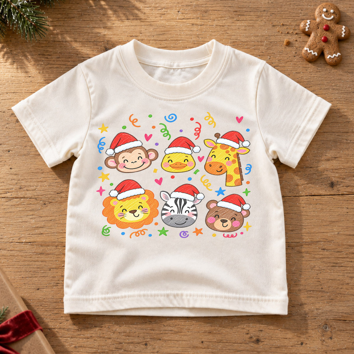Christmas Safari Animals Kids Shirt, Cute Zoo Animal Holiday Tee, Santa Hat Animal T Shirt, Xmas Gift for Kids — product view 6
