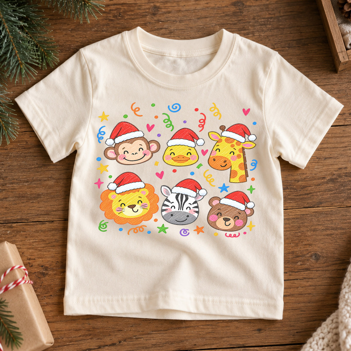 Christmas Safari Animals Kids Shirt, Cute Zoo Animal Holiday Tee, Santa Hat Animal T Shirt, Xmas Gift for Kids — product view 7