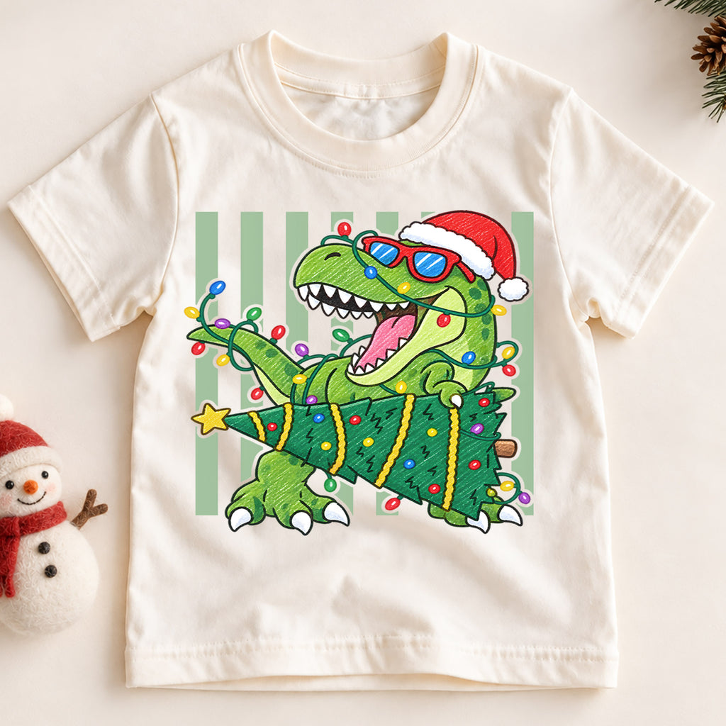 Christmas T Rex Kids Shirt, Dinosaur Santa Hat Holiday Tee, Christmas Tree Dino T Shirt, Cute Xmas Gift for Kids — product view 2