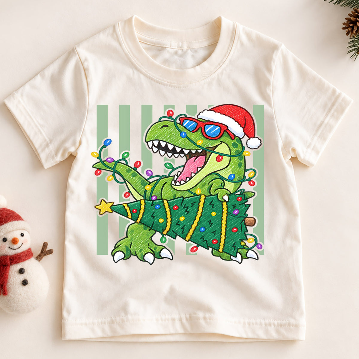 Christmas T Rex Kids Shirt, Dinosaur Santa Hat Holiday Tee, Christmas Tree Dino T Shirt, Cute Xmas Gift for Kids — product view 2
