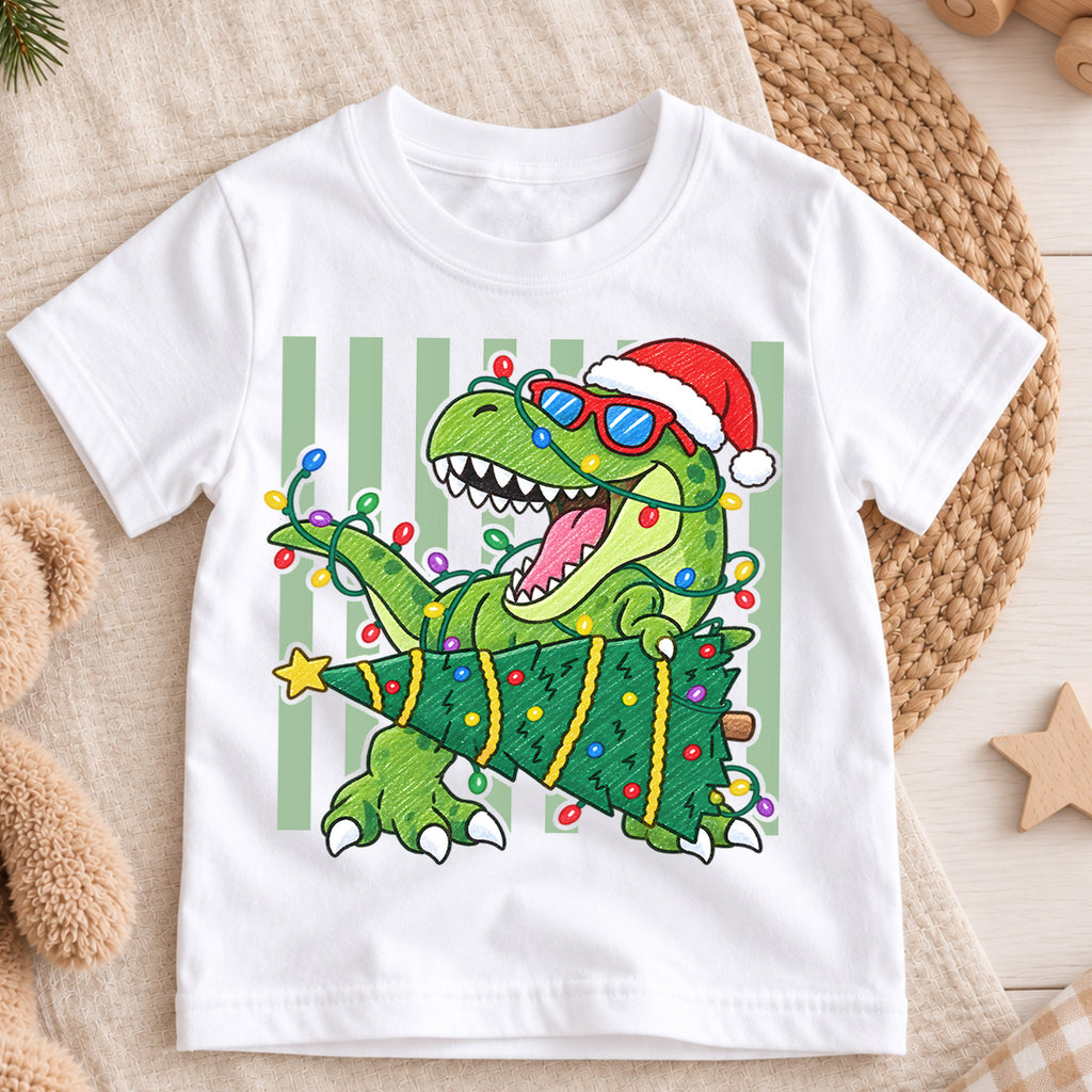 Christmas T Rex Kids Shirt, Dinosaur Santa Hat Holiday Tee, Christmas Tree Dino T Shirt, Cute Xmas Gift for Kids — product view 3