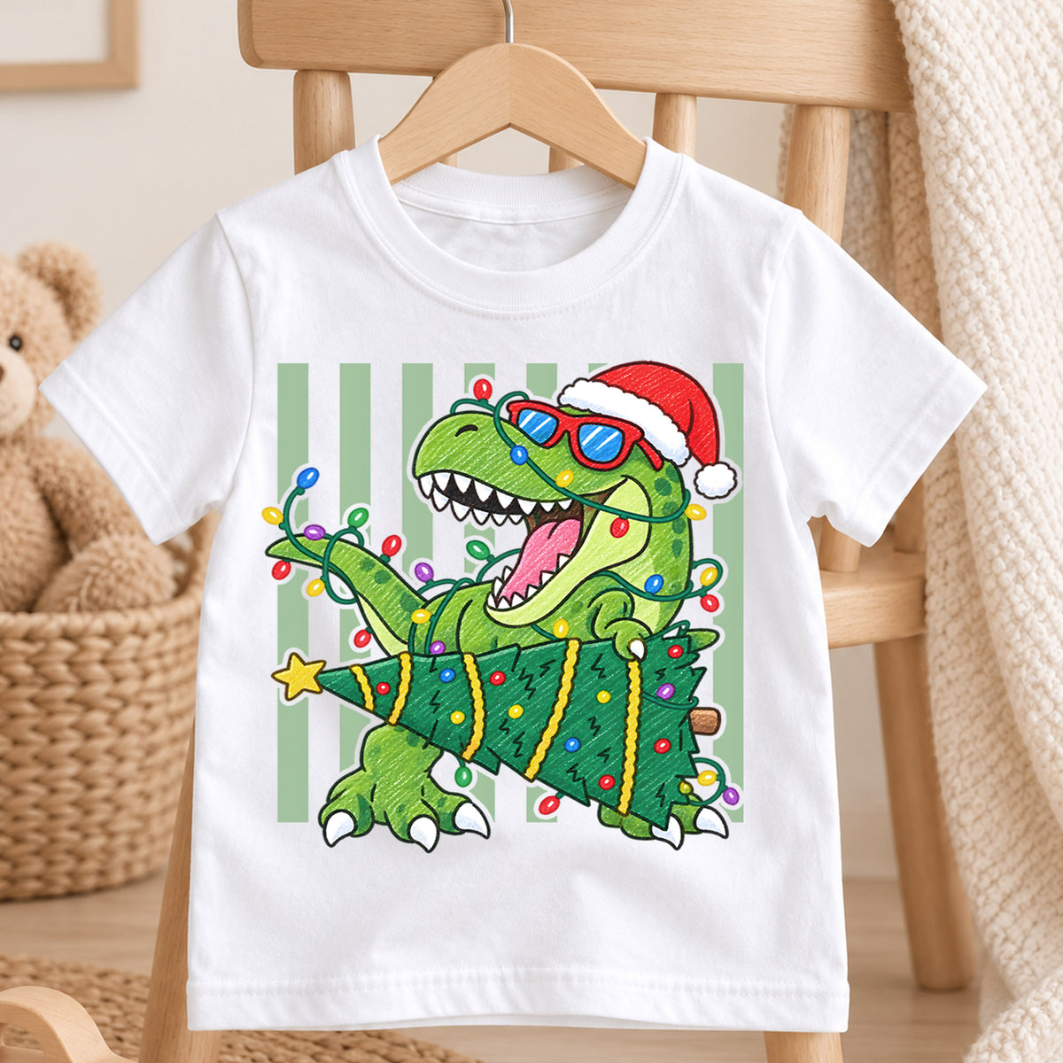 Christmas T Rex Kids Shirt, Dinosaur Santa Hat Holiday Tee, Christmas Tree Dino T Shirt, Cute Xmas Gift for Kids — product view 4