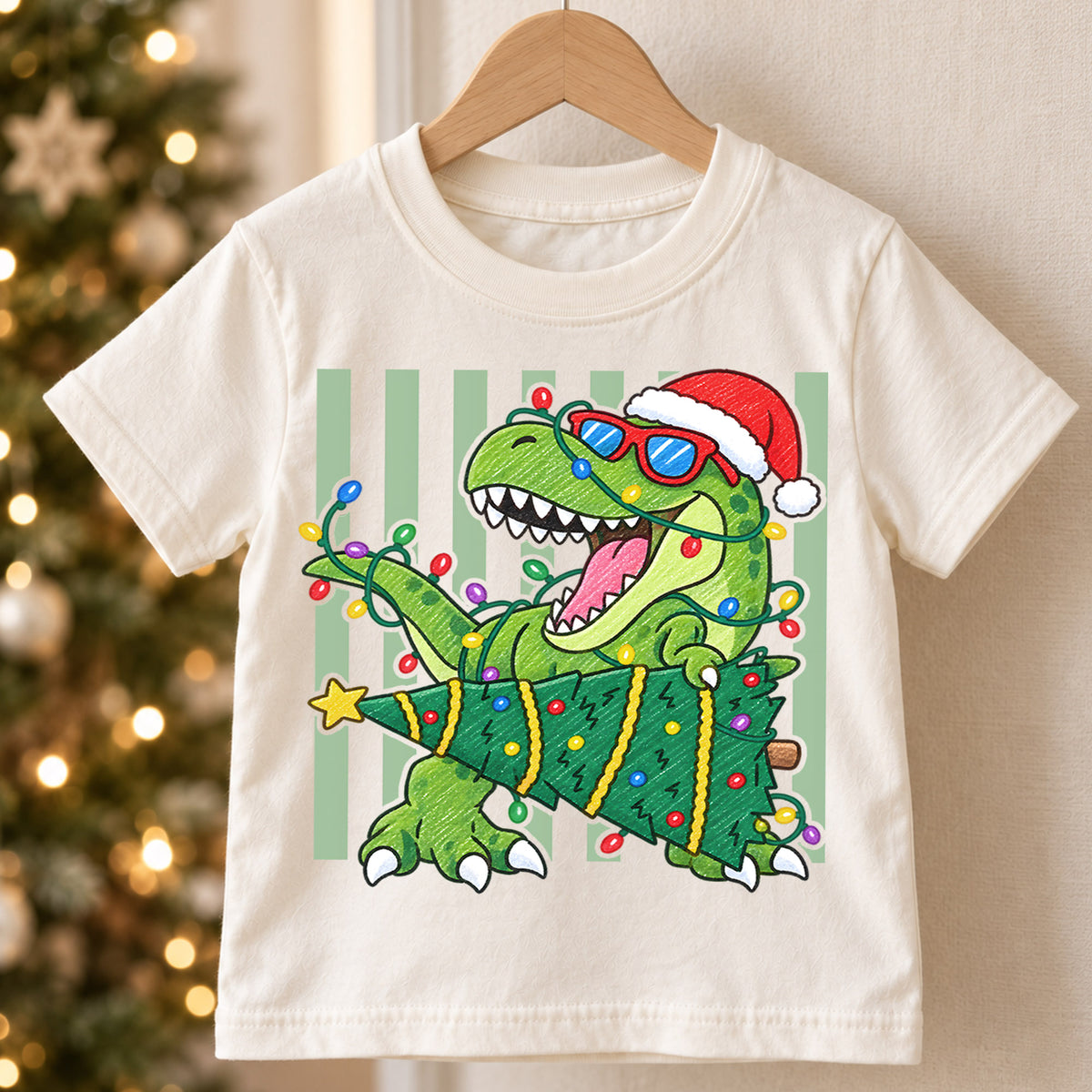 Christmas T Rex Kids Shirt, Dinosaur Santa Hat Holiday Tee, Christmas Tree Dino T Shirt, Cute Xmas Gift for Kids — product view 5