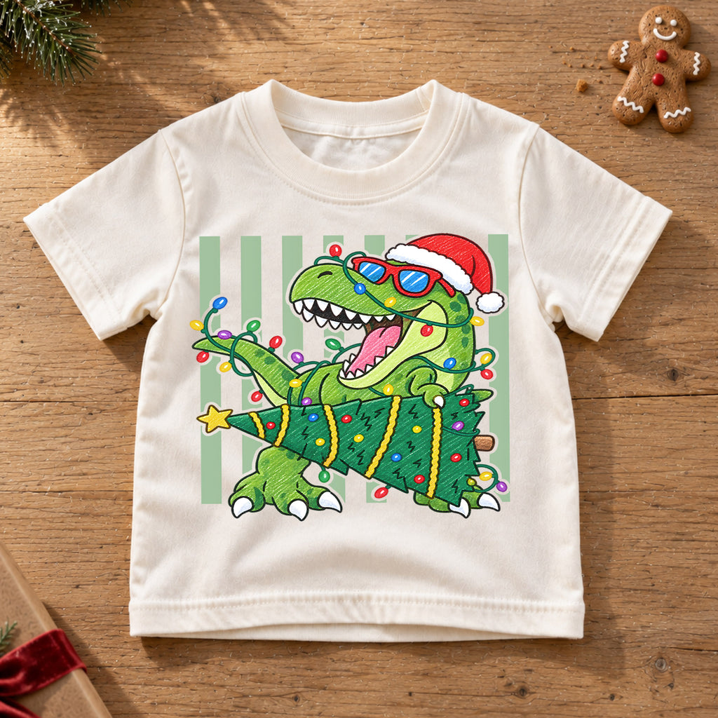 Christmas T Rex Kids Shirt, Dinosaur Santa Hat Holiday Tee, Christmas Tree Dino T Shirt, Cute Xmas Gift for Kids — product view 6