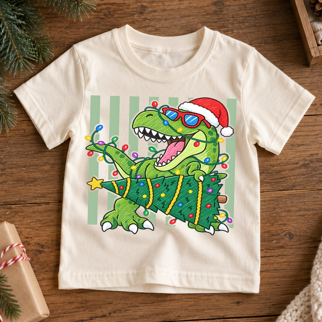 Christmas T Rex Kids Shirt, Dinosaur Santa Hat Holiday Tee, Christmas Tree Dino T Shirt, Cute Xmas Gift for Kids — product view 7