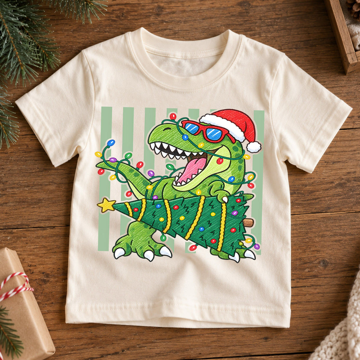 Christmas T Rex Kids Shirt, Dinosaur Santa Hat Holiday Tee, Christmas Tree Dino T Shirt, Cute Xmas Gift for Kids — product view 7