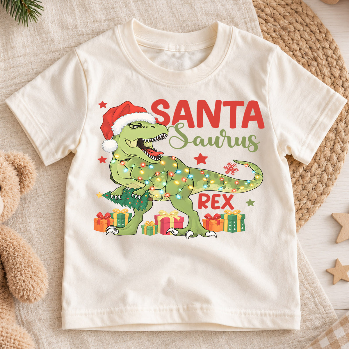 Santasaurus Rex Kids Christmas Shirt, T Rex Santa Dinosaur Tee, Funny Holiday Dino T Shirt, Christmas Gift for Kids — product view 1