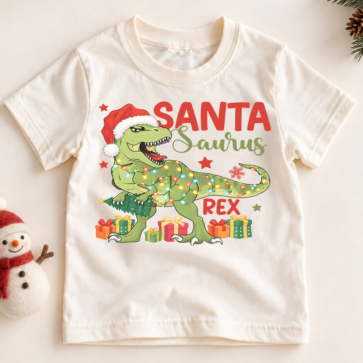 Santasaurus Rex Kids Christmas Shirt, T Rex Santa Dinosaur Tee, Funny Holiday Dino T Shirt, Christmas Gift for Kids — product view 2