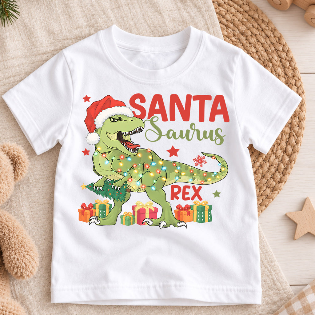Santasaurus Rex Kids Christmas Shirt, T Rex Santa Dinosaur Tee, Funny Holiday Dino T Shirt, Christmas Gift for Kids — product view 3