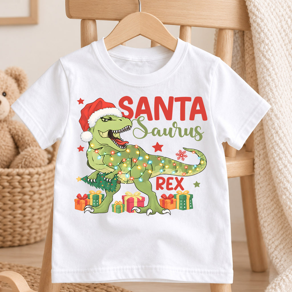 Santasaurus Rex Kids Christmas Shirt, T Rex Santa Dinosaur Tee, Funny Holiday Dino T Shirt, Christmas Gift for Kids — product view 4