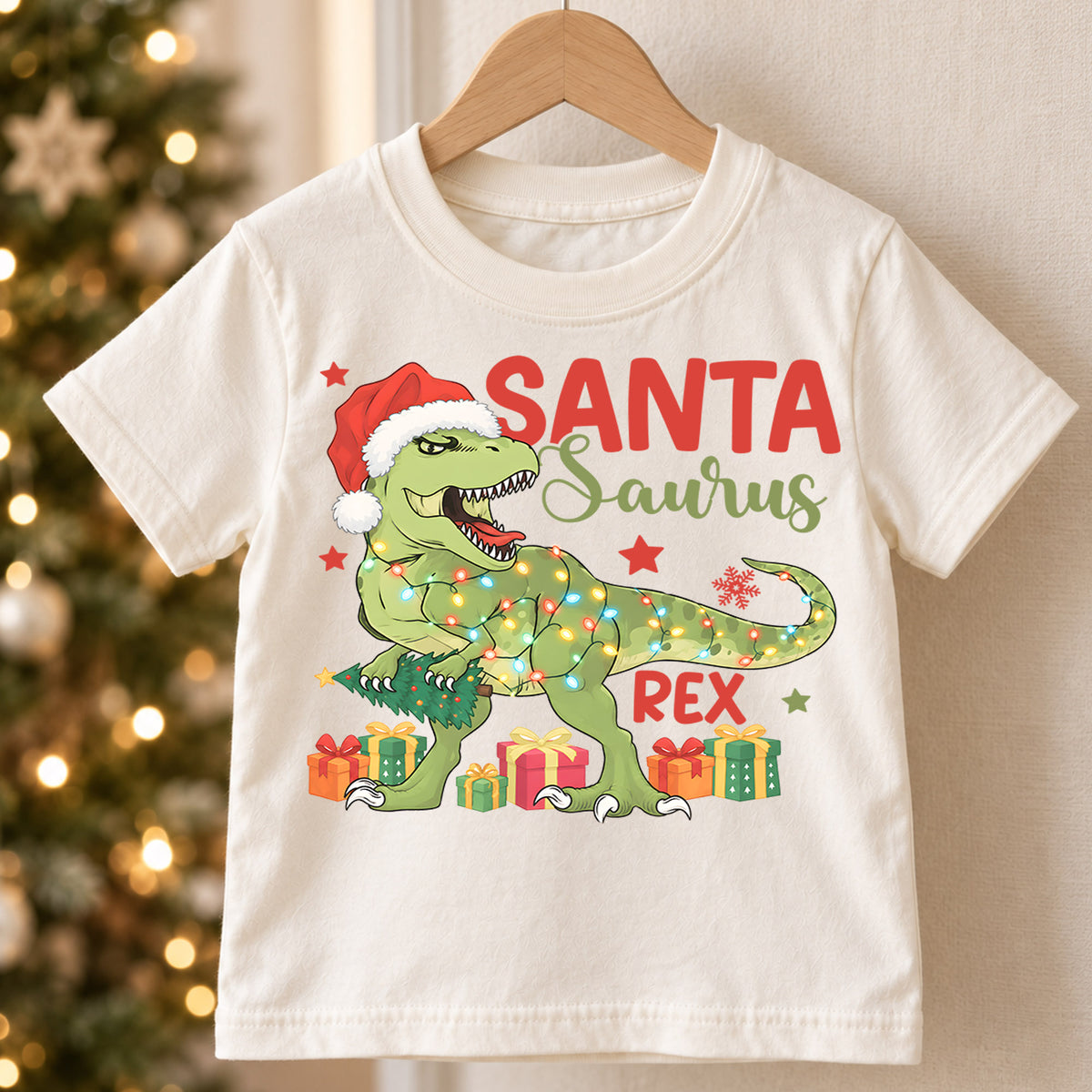 Santasaurus Rex Kids Christmas Shirt, T Rex Santa Dinosaur Tee, Funny Holiday Dino T Shirt, Christmas Gift for Kids — product view 5