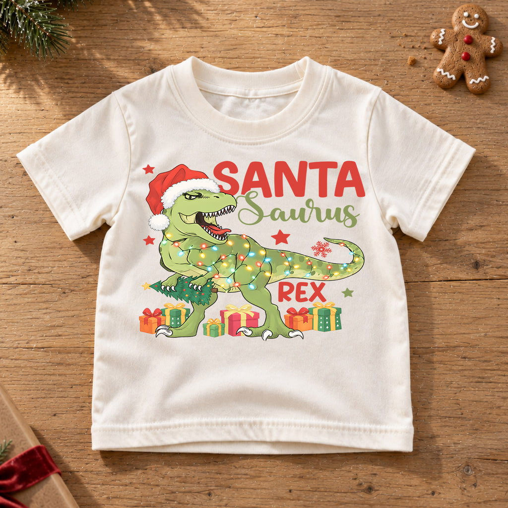 Santasaurus Rex Kids Christmas Shirt, T Rex Santa Dinosaur Tee, Funny Holiday Dino T Shirt, Christmas Gift for Kids — product view 6