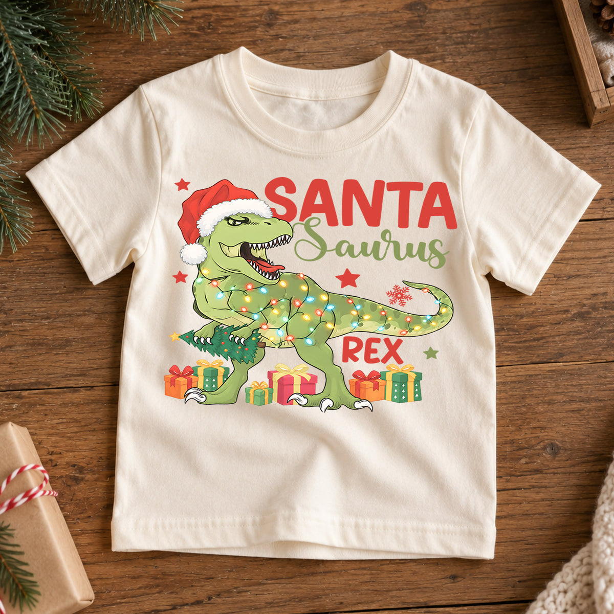 Santasaurus Rex Kids Christmas Shirt, T Rex Santa Dinosaur Tee, Funny Holiday Dino T Shirt, Christmas Gift for Kids — product view 7