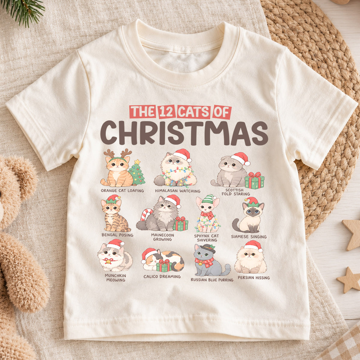 12 Cats of Christmas Kids Shirt, Cat Breeds Christmas Tee, Funny Cat Lover Holiday Shirt for Kids, Cute Festive Christmas Outfit and Gift — product view 1