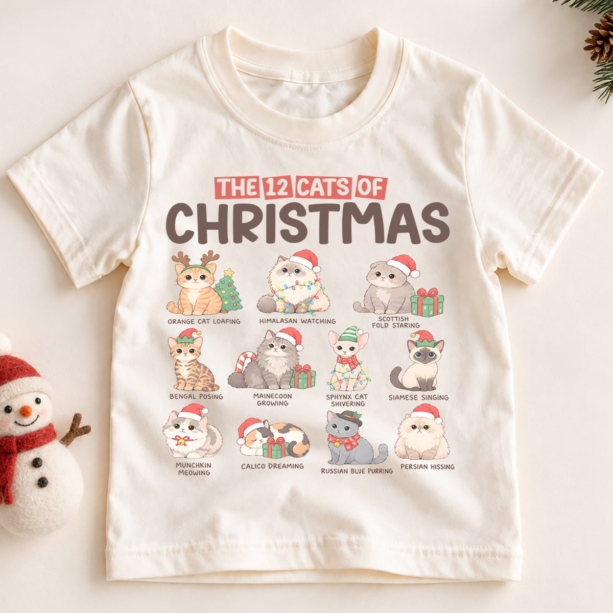 12 Cats of Christmas Kids Shirt, Cat Breeds Christmas Tee, Funny Cat Lover Holiday Shirt for Kids, Cute Festive Christmas Outfit and Gift — product view 2
