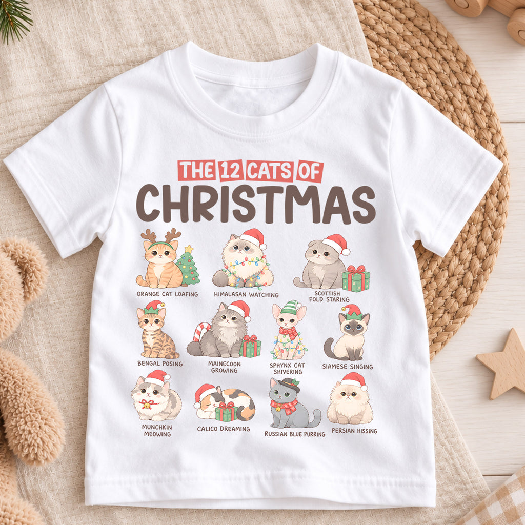 12 Cats of Christmas Kids Shirt, Cat Breeds Christmas Tee, Funny Cat Lover Holiday Shirt for Kids, Cute Festive Christmas Outfit and Gift — product view 3