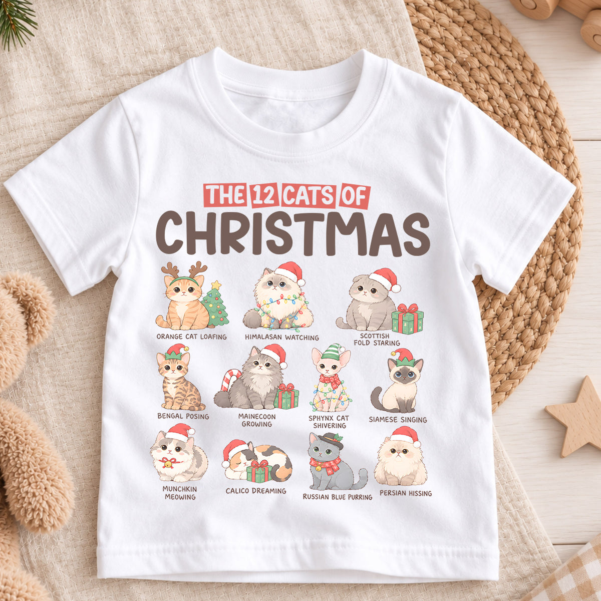 12 Cats of Christmas Kids Shirt, Cat Breeds Christmas Tee, Funny Cat Lover Holiday Shirt for Kids, Cute Festive Christmas Outfit and Gift — product view 3