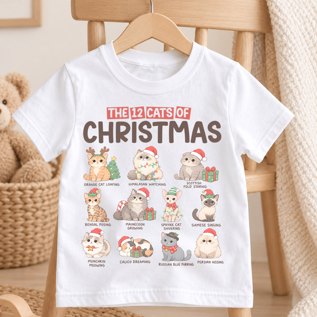 12 Cats of Christmas Kids Shirt, Cat Breeds Christmas Tee, Funny Cat Lover Holiday Shirt for Kids, Cute Festive Christmas Outfit and Gift — product view 4
