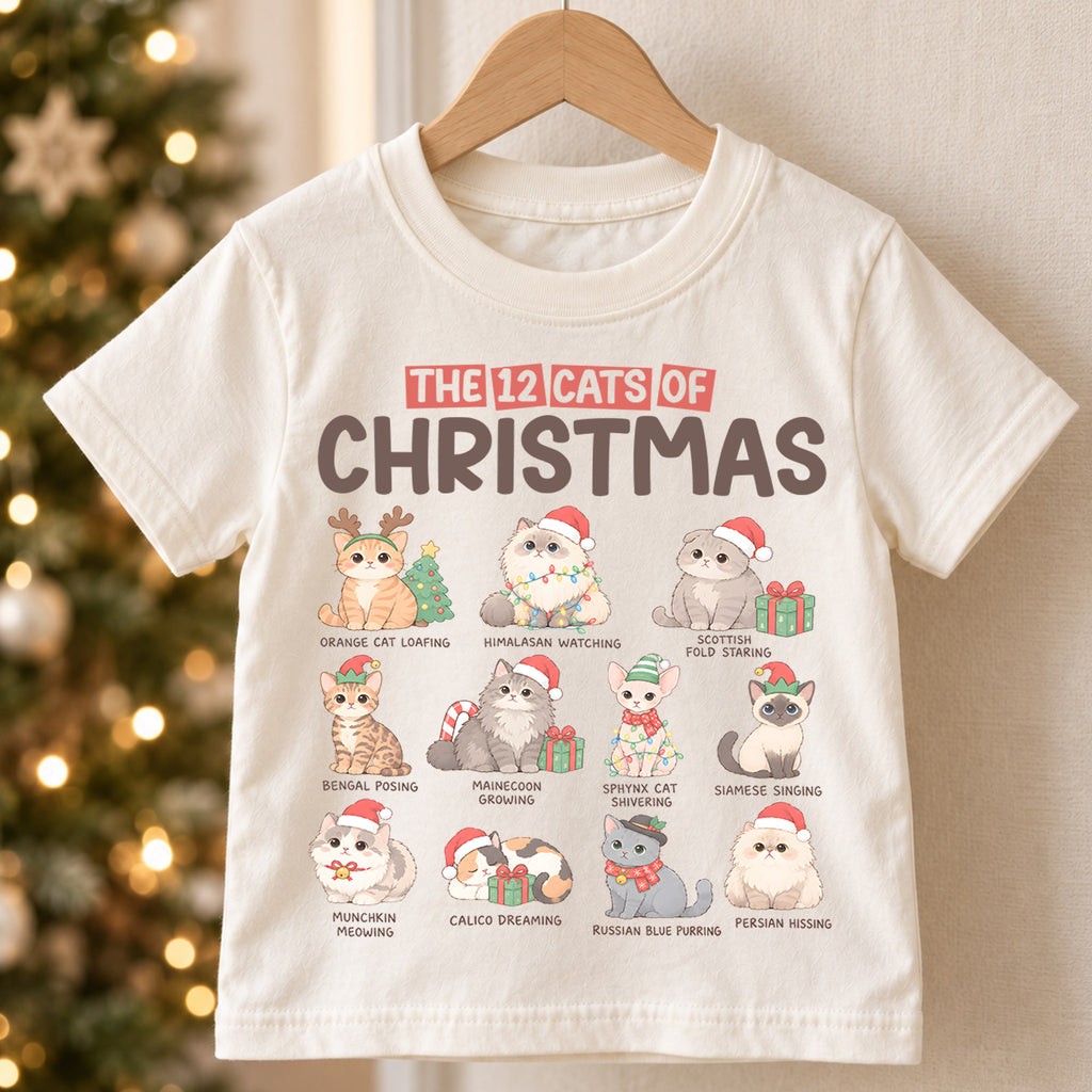 12 Cats of Christmas Kids Shirt, Cat Breeds Christmas Tee, Funny Cat Lover Holiday Shirt for Kids, Cute Festive Christmas Outfit and Gift — product view 5