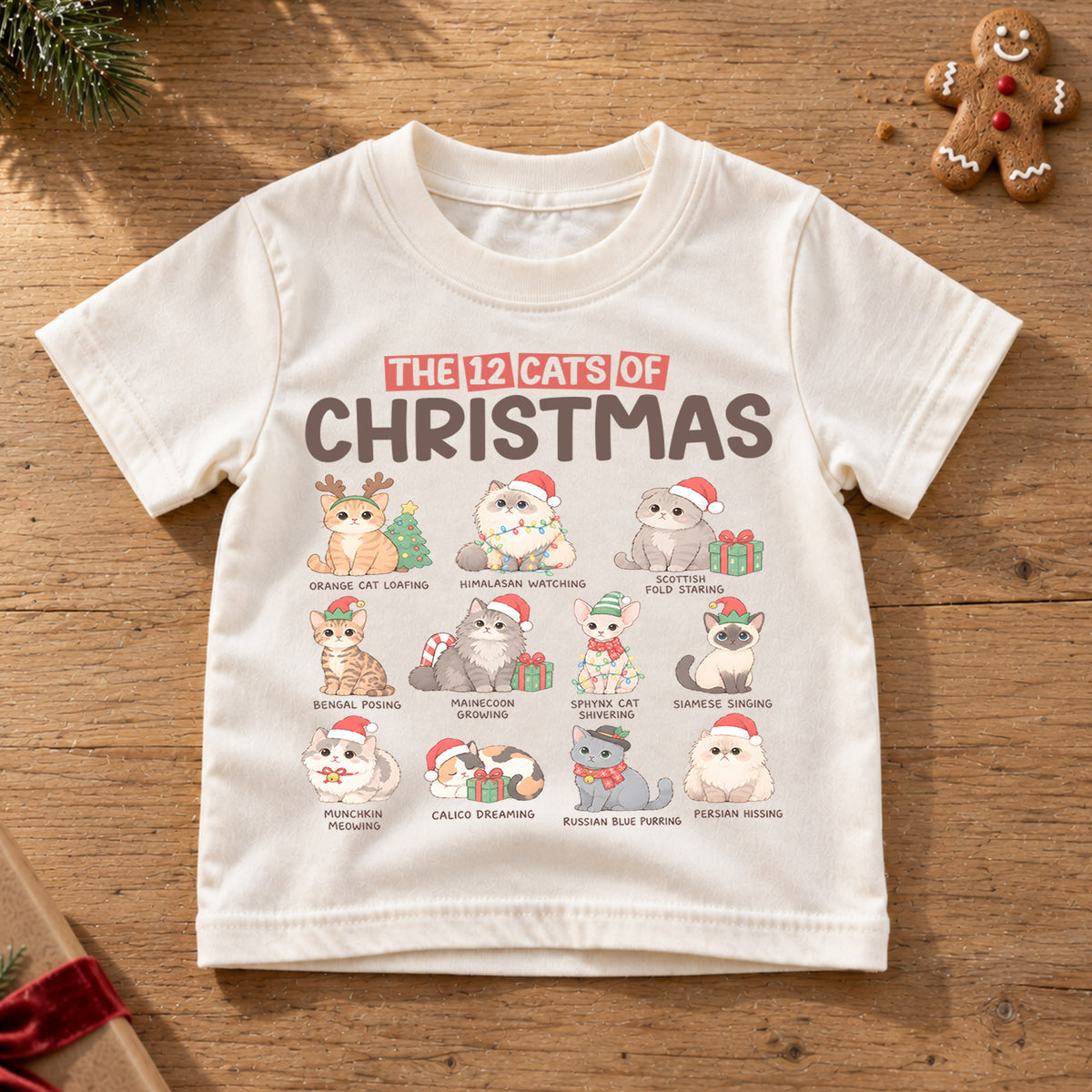 12 Cats of Christmas Kids Shirt, Cat Breeds Christmas Tee, Funny Cat Lover Holiday Shirt for Kids, Cute Festive Christmas Outfit and Gift — product view 6