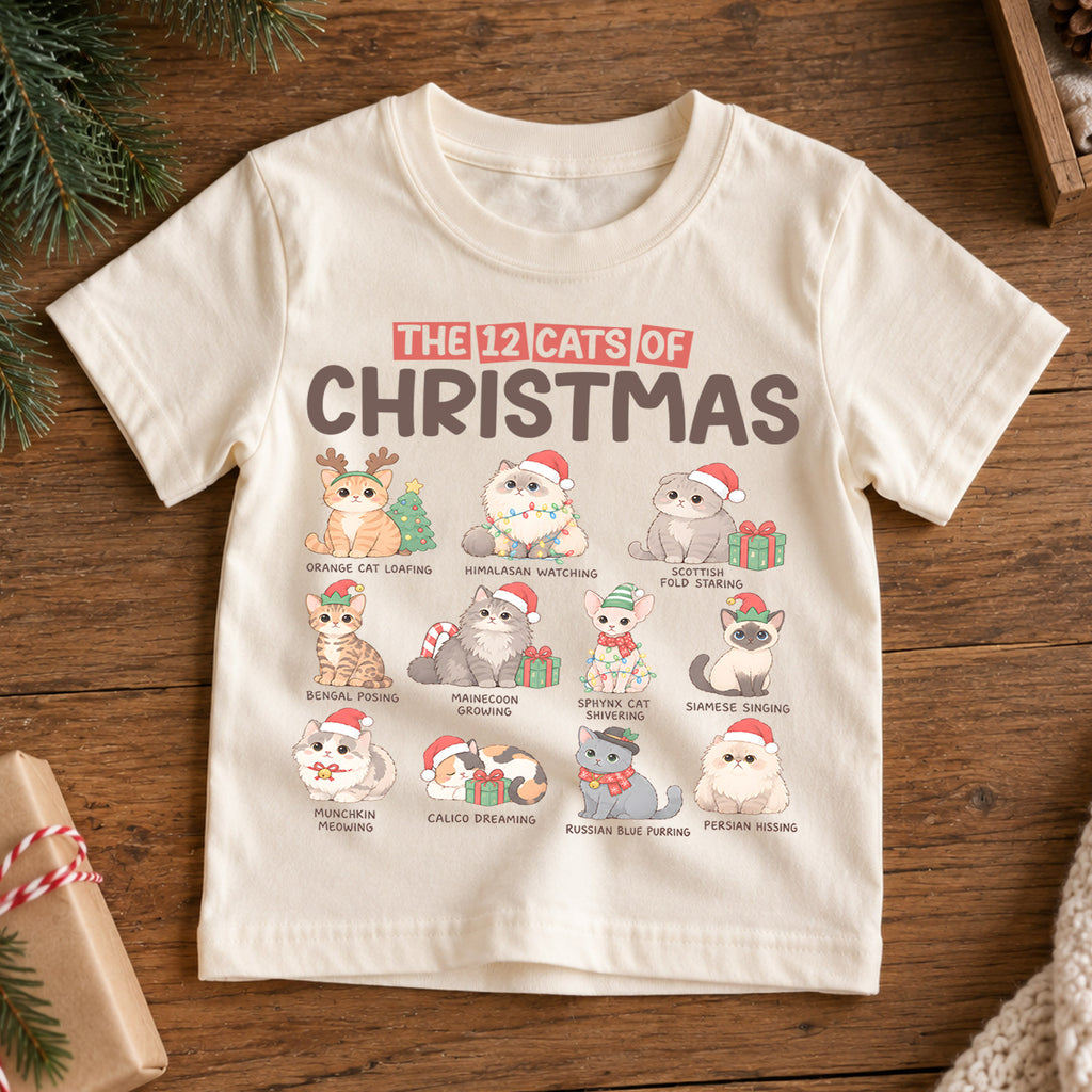 12 Cats of Christmas Kids Shirt, Cat Breeds Christmas Tee, Funny Cat Lover Holiday Shirt for Kids, Cute Festive Christmas Outfit and Gift — product view 7