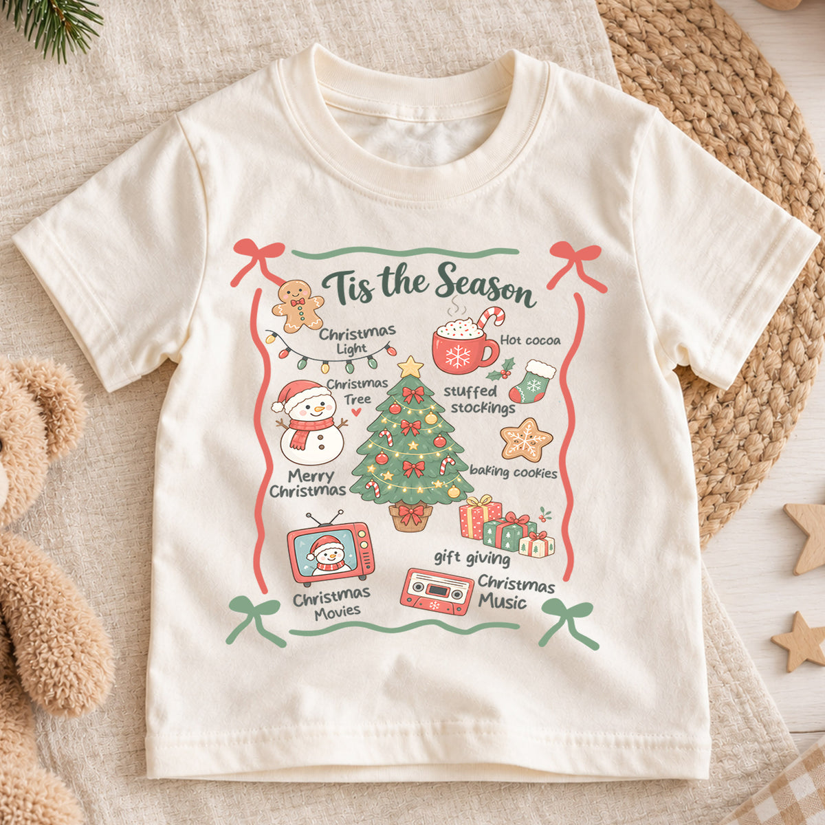 Tis the Season Kids Christmas Shirt, Christmas Traditions Holiday Tee, Hot Cocoa Tree Gift T Shirt, Cute Xmas Gift for Kids — product view 1