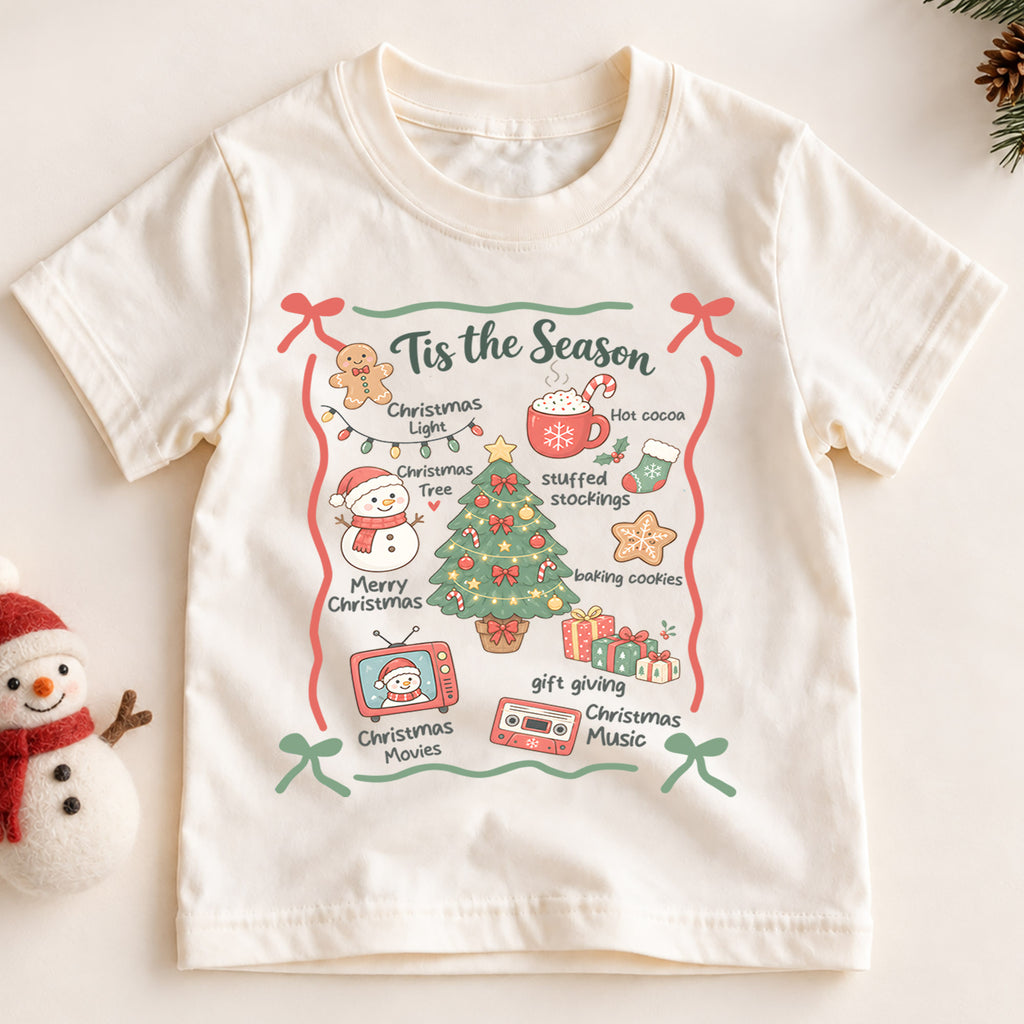 Tis the Season Kids Christmas Shirt, Christmas Traditions Holiday Tee, Hot Cocoa Tree Gift T Shirt, Cute Xmas Gift for Kids — product view 2