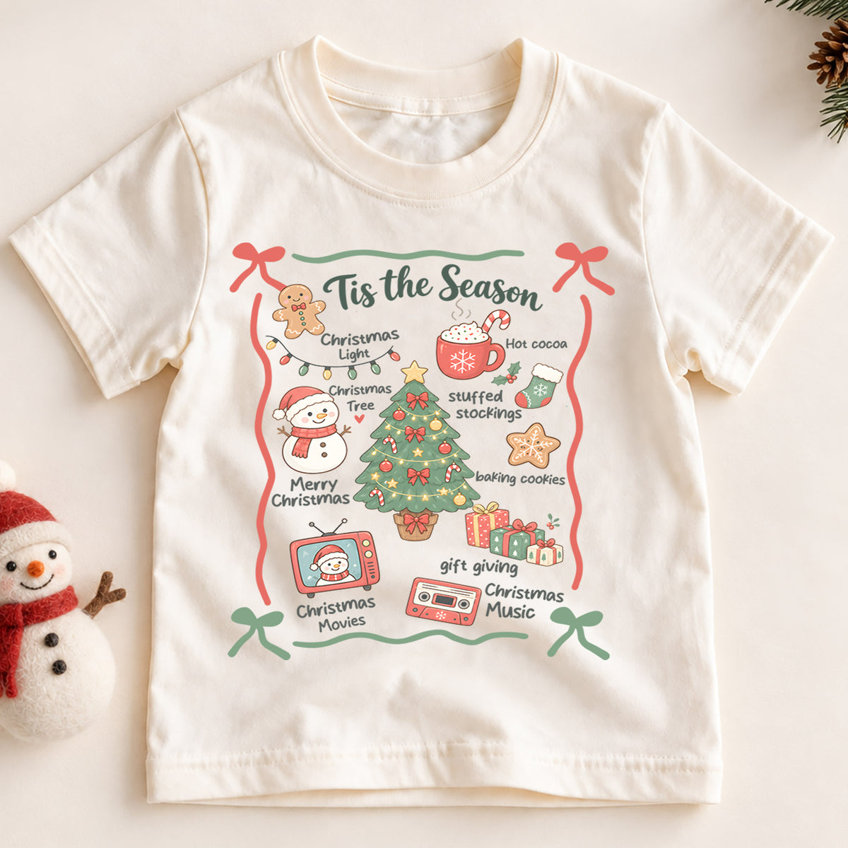 Tis the Season Kids Christmas Shirt, Christmas Traditions Holiday Tee, Hot Cocoa Tree Gift T Shirt, Cute Xmas Gift for Kids — product view 2