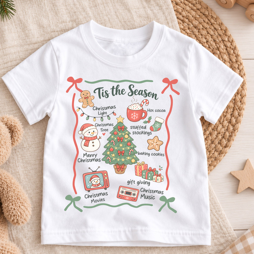 Tis the Season Kids Christmas Shirt, Christmas Traditions Holiday Tee, Hot Cocoa Tree Gift T Shirt, Cute Xmas Gift for Kids — product view 3