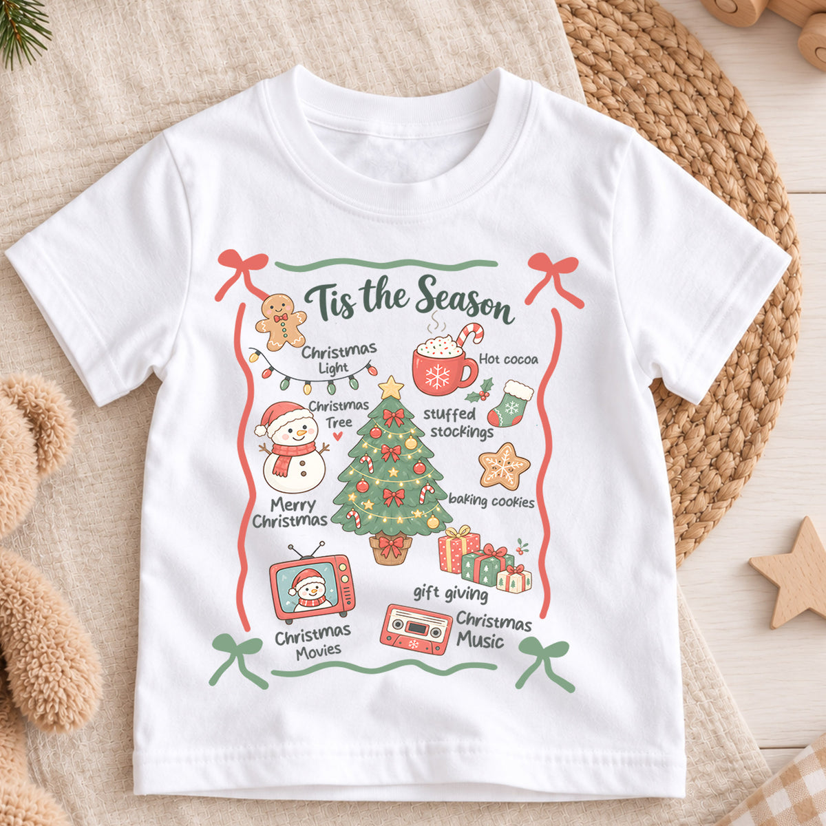 Tis the Season Kids Christmas Shirt, Christmas Traditions Holiday Tee, Hot Cocoa Tree Gift T Shirt, Cute Xmas Gift for Kids — product view 3