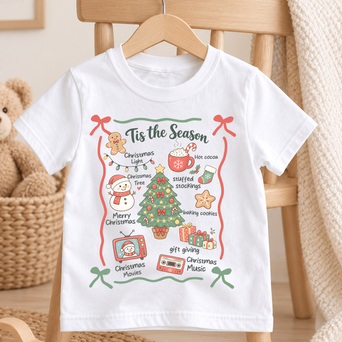 Tis the Season Kids Christmas Shirt, Christmas Traditions Holiday Tee, Hot Cocoa Tree Gift T Shirt, Cute Xmas Gift for Kids — product view 4