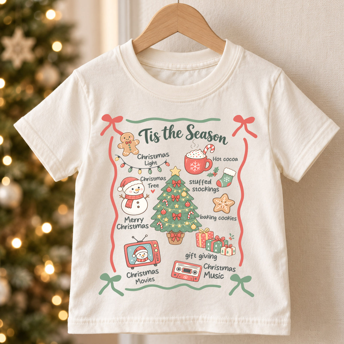 Tis the Season Kids Christmas Shirt, Christmas Traditions Holiday Tee, Hot Cocoa Tree Gift T Shirt, Cute Xmas Gift for Kids — product view 5