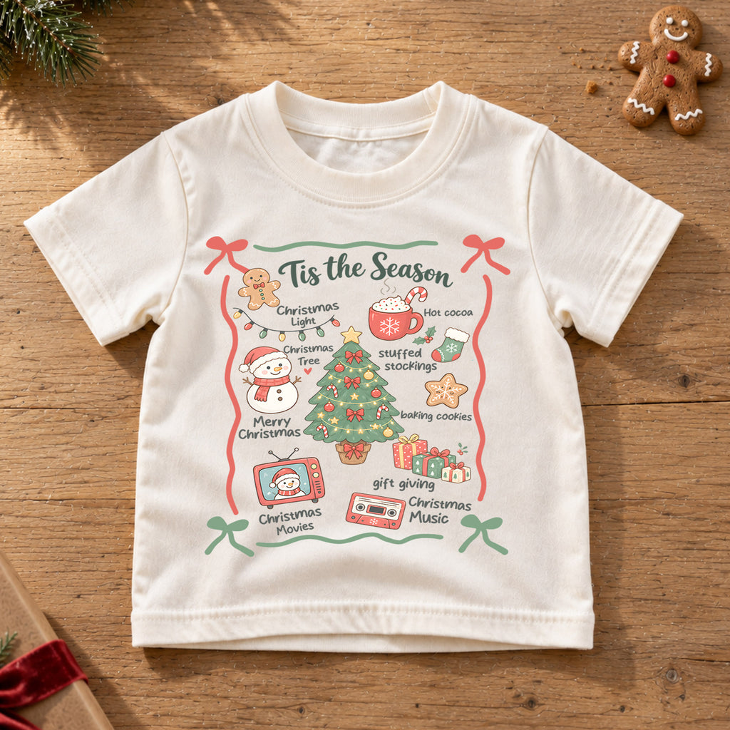 Tis the Season Kids Christmas Shirt, Christmas Traditions Holiday Tee, Hot Cocoa Tree Gift T Shirt, Cute Xmas Gift for Kids — product view 6