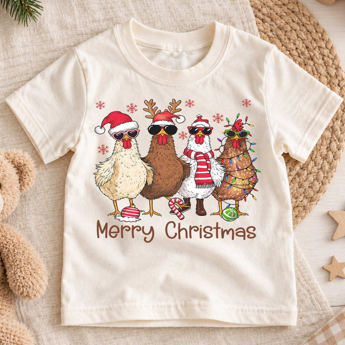 Merry Christmas Chicken Kids Shirt, Funny Holiday Chicken Tee, Farm Christmas Shirt for Kids, Cute Country Christmas Outfit and Festive Gift — product view 1
