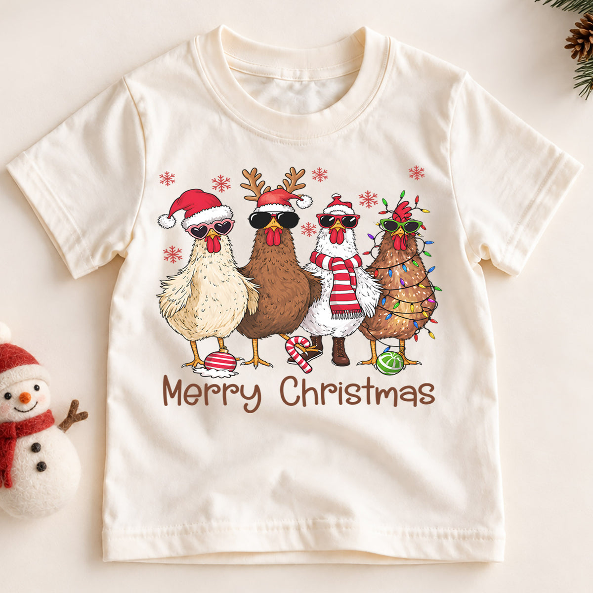 Merry Christmas Chicken Kids Shirt, Funny Holiday Chicken Tee, Farm Christmas Shirt for Kids, Cute Country Christmas Outfit and Festive Gift — product view 2