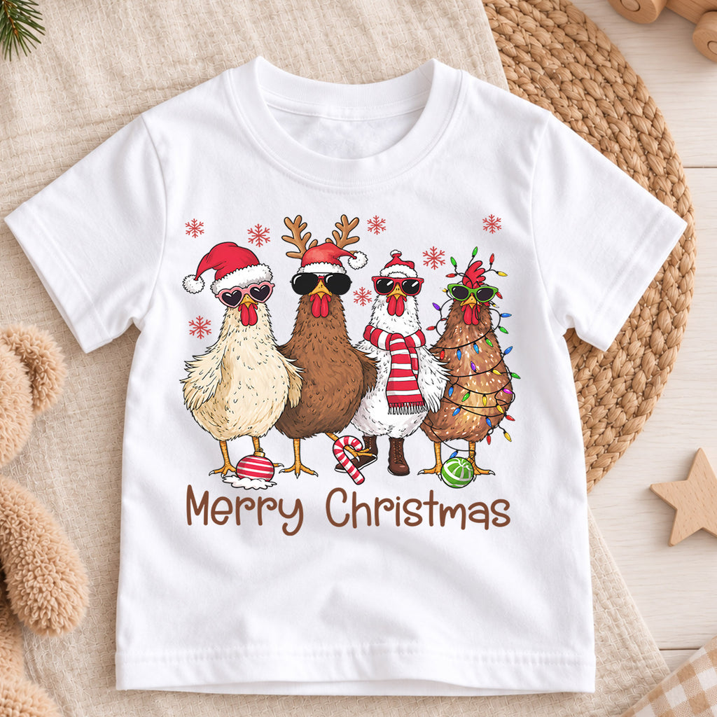 Merry Christmas Chicken Kids Shirt, Funny Holiday Chicken Tee, Farm Christmas Shirt for Kids, Cute Country Christmas Outfit and Festive Gift — product view 3