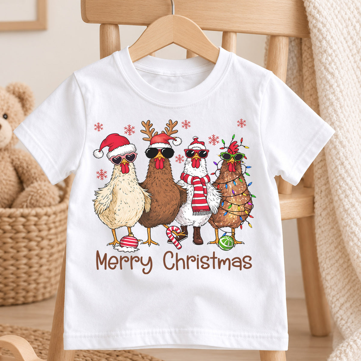 Merry Christmas Chicken Kids Shirt, Funny Holiday Chicken Tee, Farm Christmas Shirt for Kids, Cute Country Christmas Outfit and Festive Gift — product view 4