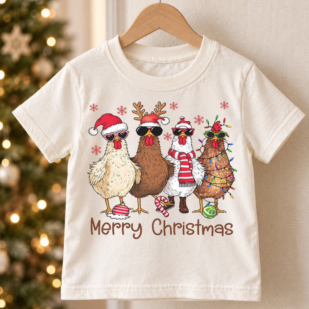 Merry Christmas Chicken Kids Shirt, Funny Holiday Chicken Tee, Farm Christmas Shirt for Kids, Cute Country Christmas Outfit and Festive Gift — product view 5