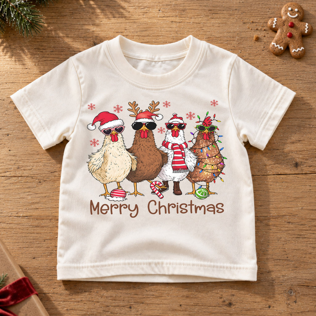 Merry Christmas Chicken Kids Shirt, Funny Holiday Chicken Tee, Farm Christmas Shirt for Kids, Cute Country Christmas Outfit and Festive Gift — product view 6