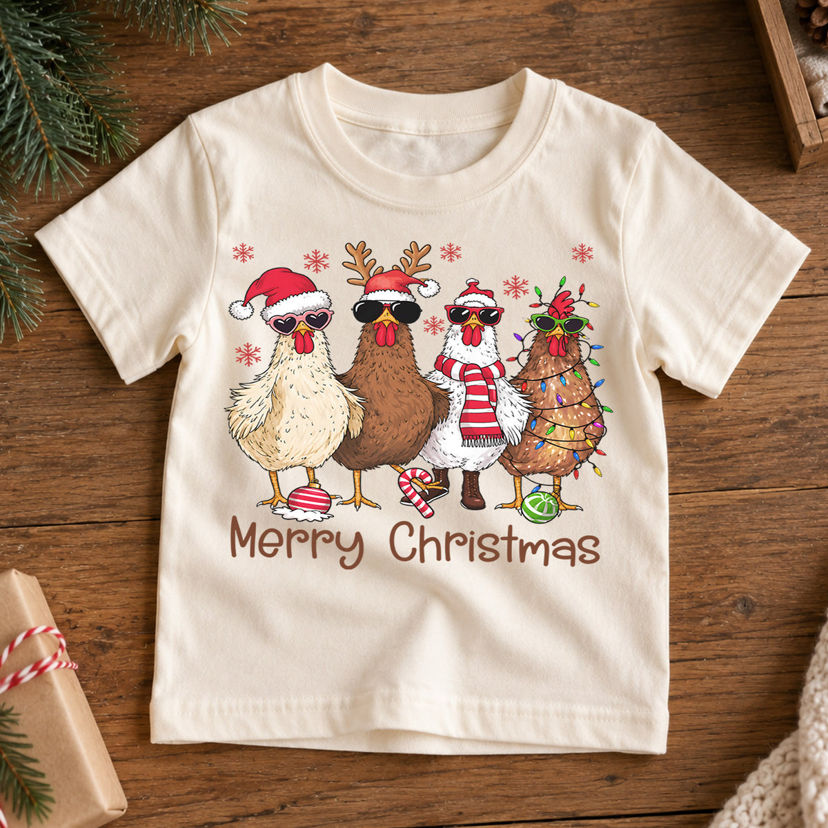 Merry Christmas Chicken Kids Shirt, Funny Holiday Chicken Tee, Farm Christmas Shirt for Kids, Cute Country Christmas Outfit and Festive Gift — product view 7