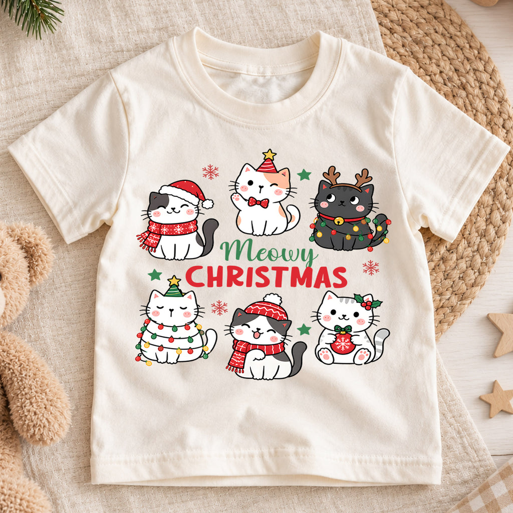 Meowy Christmas Kids Shirt, Cute Christmas Cat Tee, Holiday Kitty Shirt for Cat Lover Kids, Funny Festive Christmas Outfit and Gift — product view 1