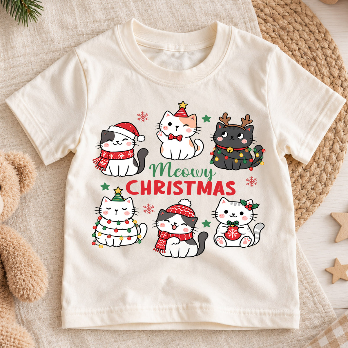 Meowy Christmas Kids Shirt, Cute Christmas Cat Tee, Holiday Kitty Shirt for Cat Lover Kids, Funny Festive Christmas Outfit and Gift — product view 1