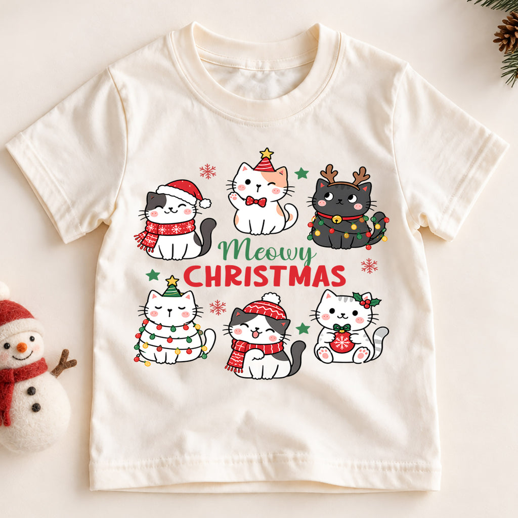 Meowy Christmas Kids Shirt, Cute Christmas Cat Tee, Holiday Kitty Shirt for Cat Lover Kids, Funny Festive Christmas Outfit and Gift — product view 2