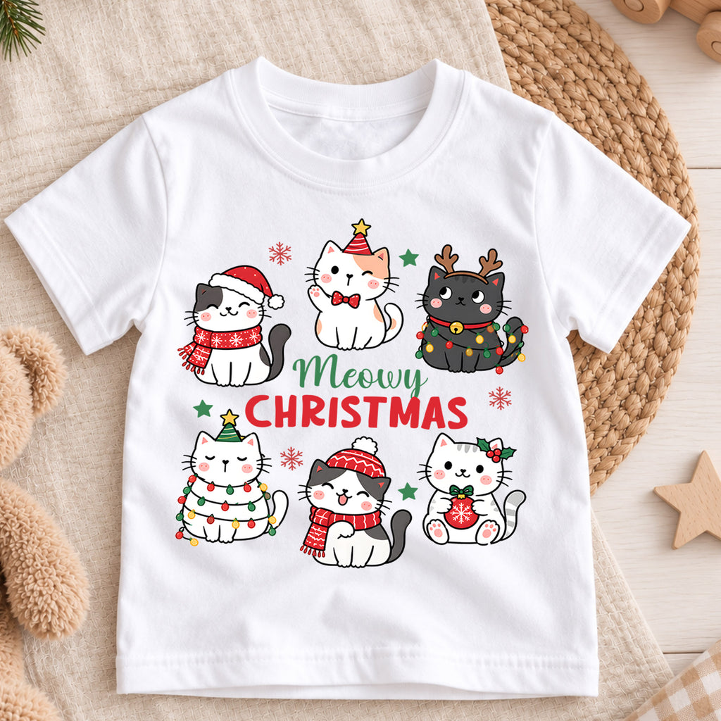Meowy Christmas Kids Shirt, Cute Christmas Cat Tee, Holiday Kitty Shirt for Cat Lover Kids, Funny Festive Christmas Outfit and Gift — product view 3
