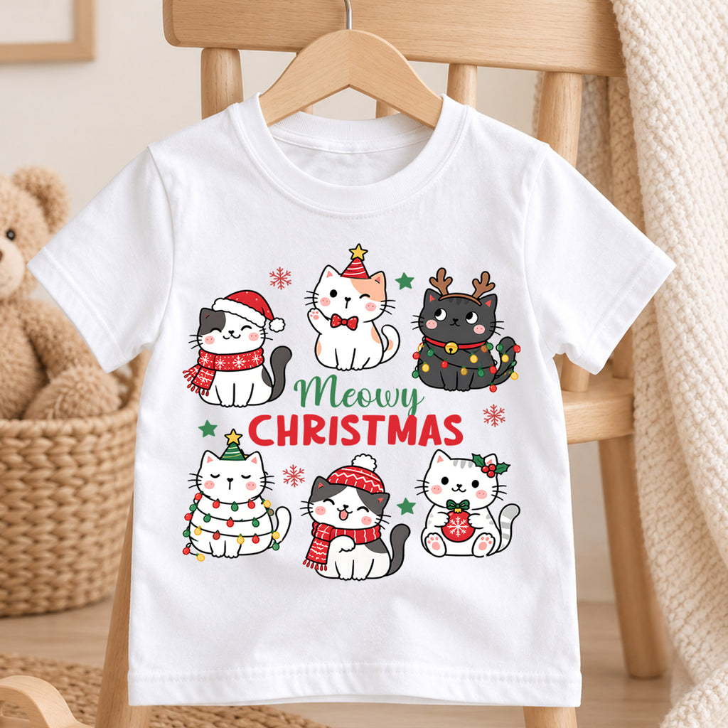 Meowy Christmas Kids Shirt, Cute Christmas Cat Tee, Holiday Kitty Shirt for Cat Lover Kids, Funny Festive Christmas Outfit and Gift — product view 4