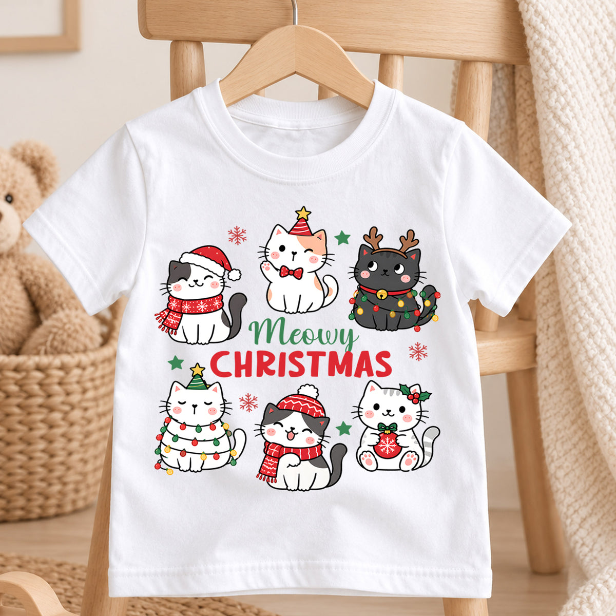 Meowy Christmas Kids Shirt, Cute Christmas Cat Tee, Holiday Kitty Shirt for Cat Lover Kids, Funny Festive Christmas Outfit and Gift — product view 4