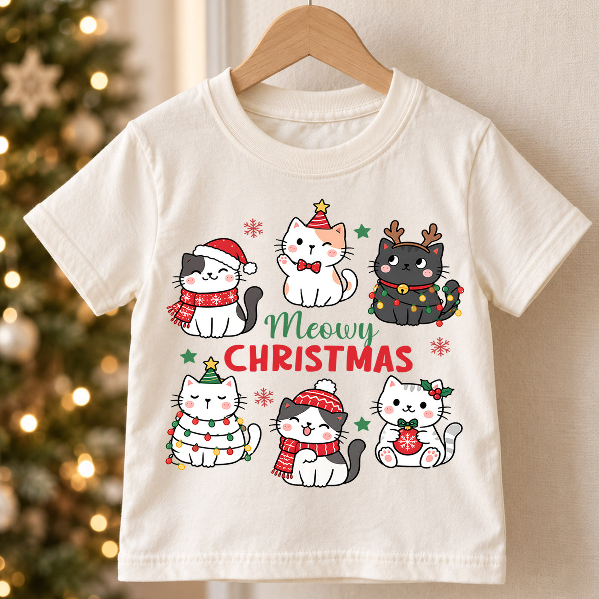 Meowy Christmas Kids Shirt, Cute Christmas Cat Tee, Holiday Kitty Shirt for Cat Lover Kids, Funny Festive Christmas Outfit and Gift — product view 5